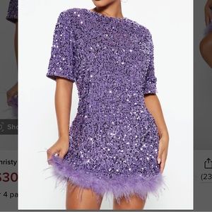 Purple Sequin Feather Trim T Shirt Dress